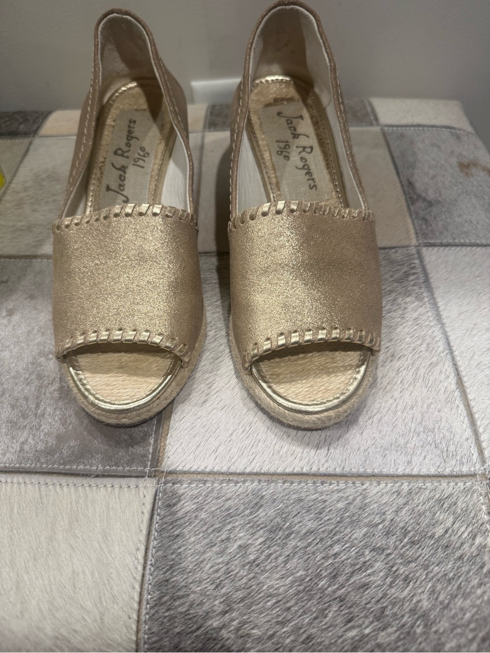 Jack Rogers Gold Espadrille Palmer Wedge Peep-Toe Shoes, Size 7